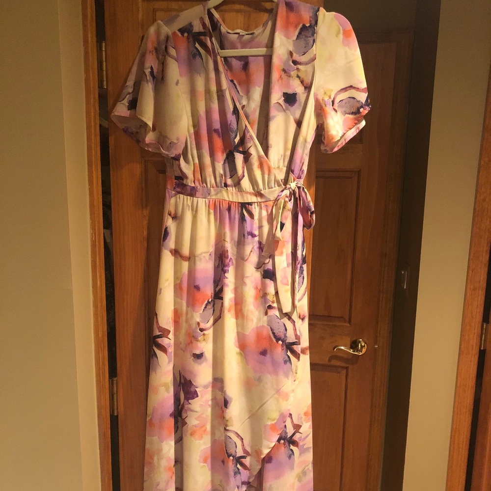 Floral high-low, tie waist dress